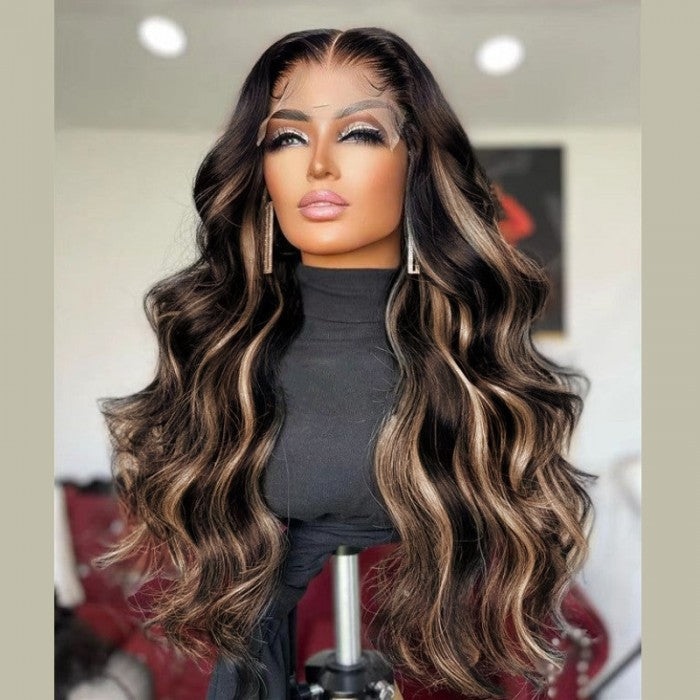 Lace Front Chocolate Brown With Peek A Boo Blonde Highlights Lace Front Body Wave Wig Beyoncé ivyfreehair